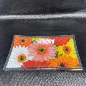 Peggy Karr Gerbera Daisy Rectangle Dish Tray Plate Fused Art Glass Artist Signed